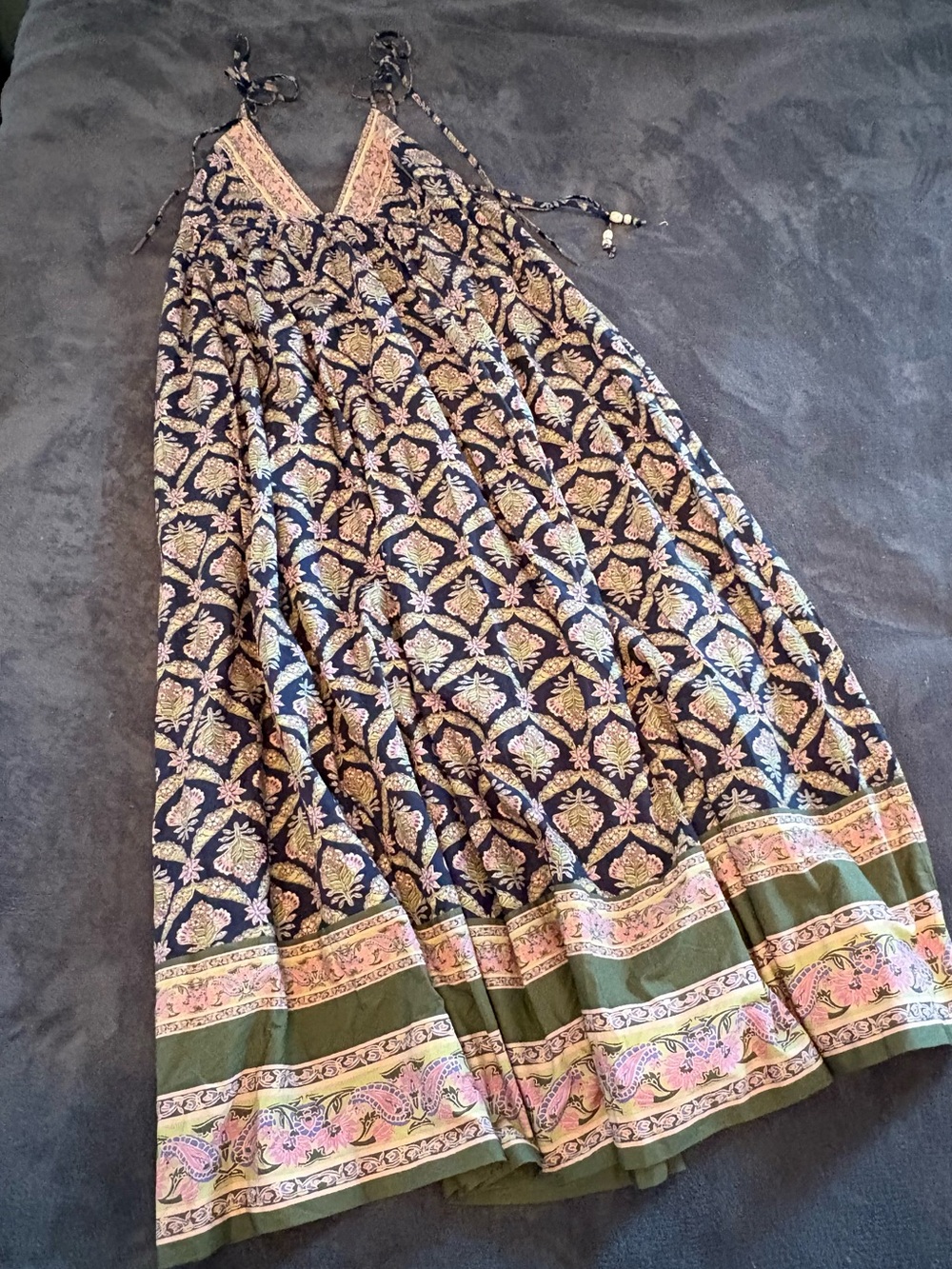 Bohemian Print Maxi Dress - Navy with Olive & Pink Border